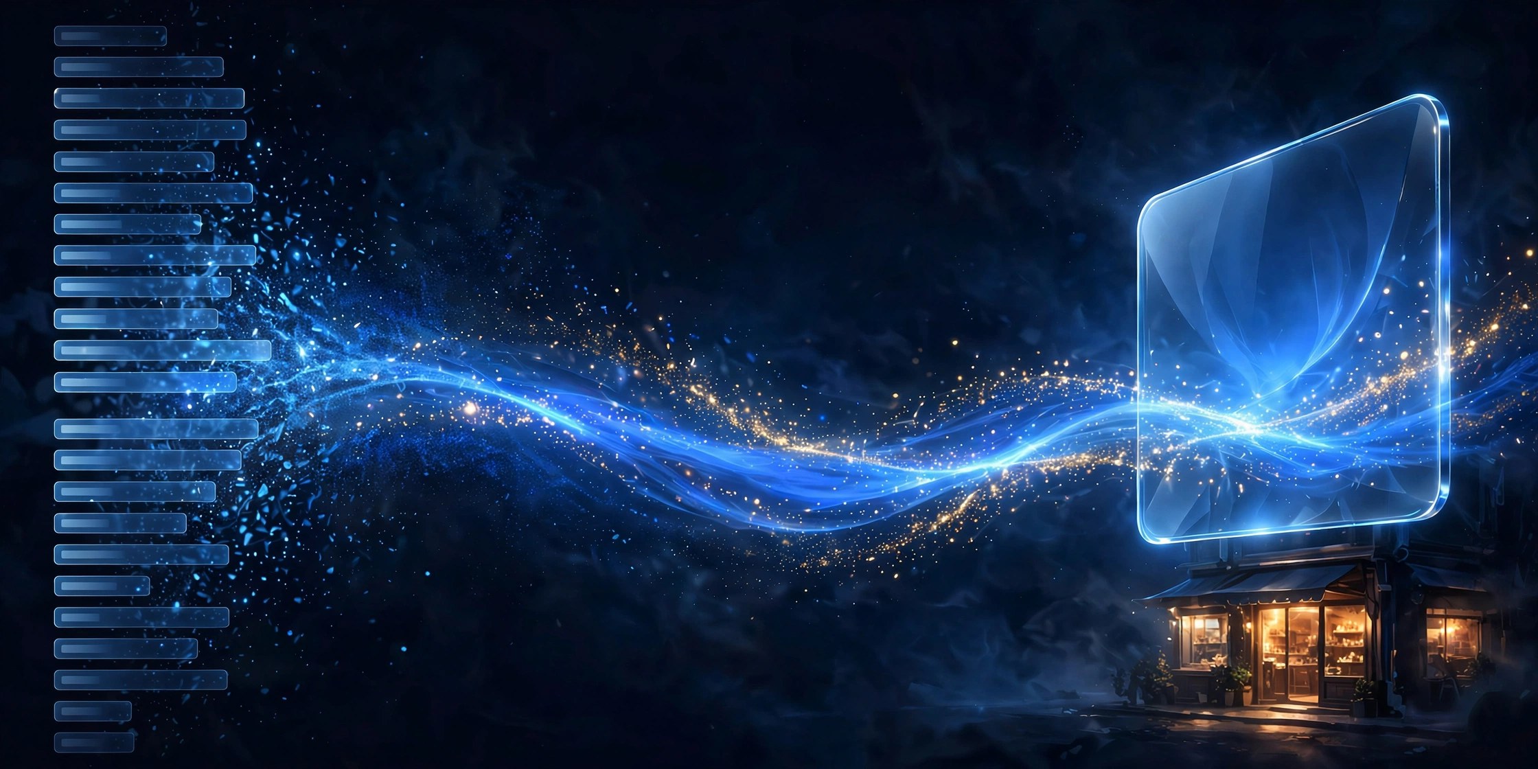 A fading column of blue search result bars on the left flows into a glowing glass answer panel hovering above a small lit storefront on the right.