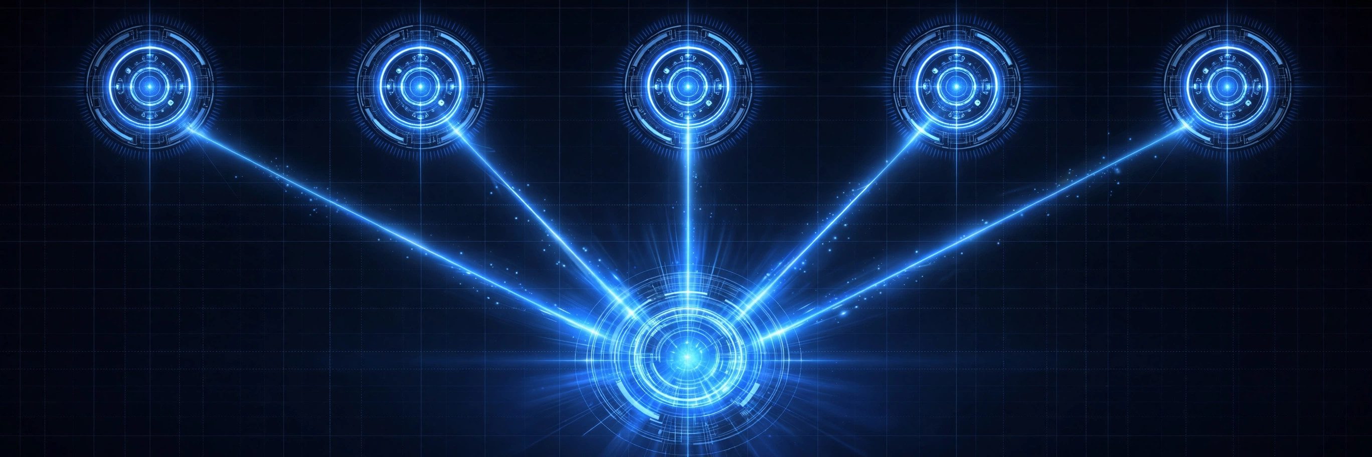 Five glowing blue circular nodes in a row across the top, each connected by a beam of light to one larger glowing blue core below the center, on a dark navy grid background.