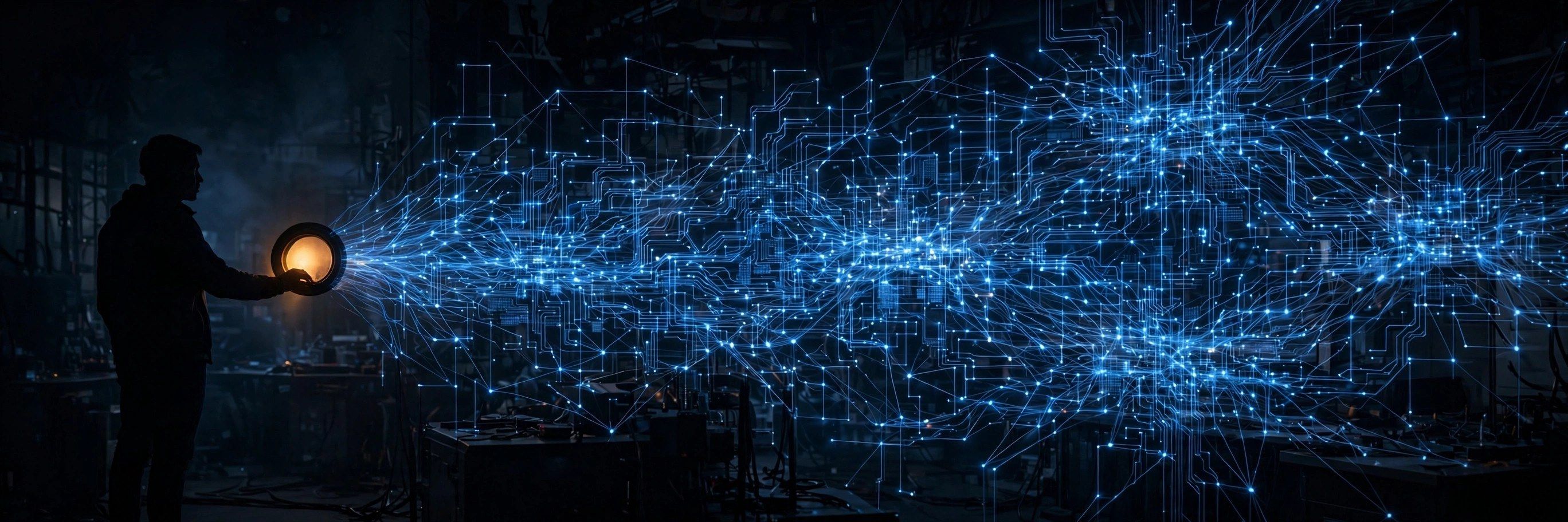 A human silhouette holding a small glowing amber circular window on the left while a vast glowing blue network of nodes and circuit lines expands across a dark workspace.