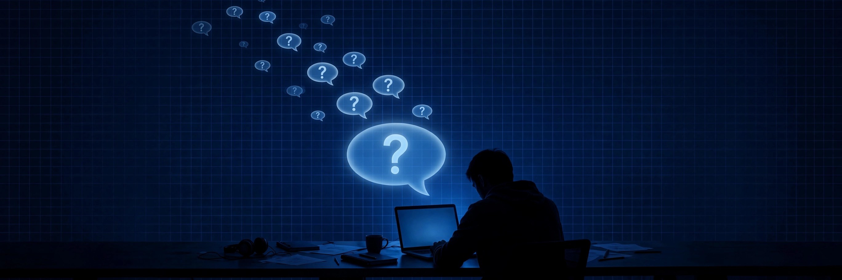A silhouetted person at a laptop on a dark desk at night, with a large glowing blue speech bubble holding a question mark above the laptop and smaller question-mark speech bubbles drifting up across a dark navy blueprint grid.